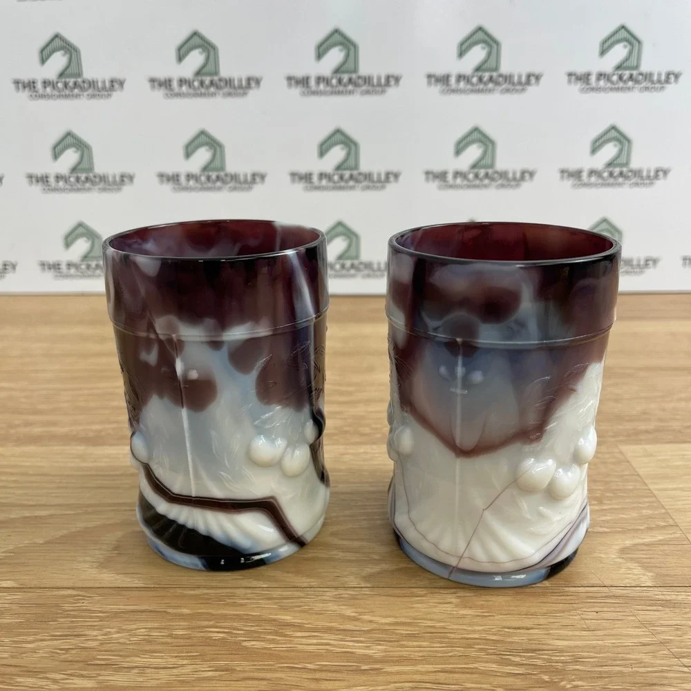 Imperial Glass Purple Slag Glass Morning Glory Tumblers Set of 2 Vintage IG Logo
